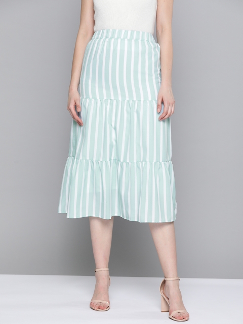 Women Blue & White Striped Midi Tiered Skirt