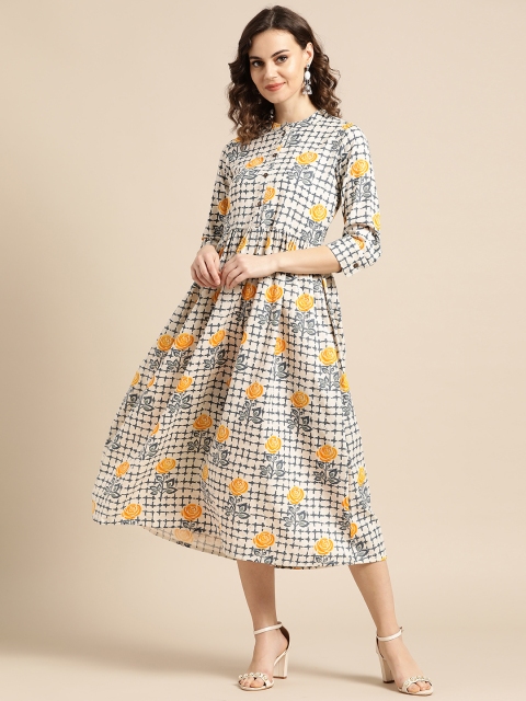 

Nayo Women Beige & Navy Blue Printed A-Line Dress