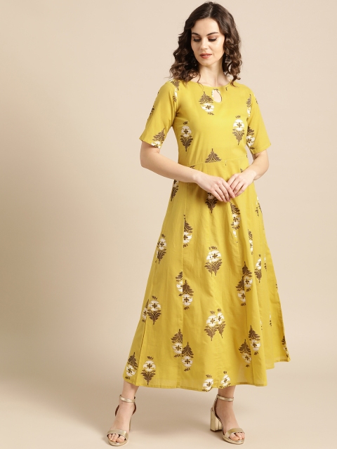 

Nayo Women Mustard Yellow & White Printed Maxi Dress