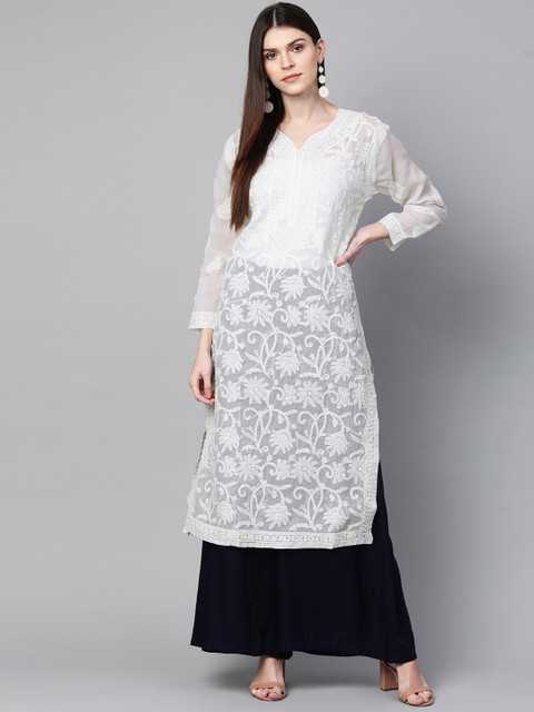 

ADA Women White Chikankari Hand Embroidered Sheer Straight Kurta