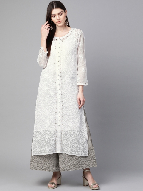 

ADA Women White Chikankari Hand Embroidered Sheer Straight Sustainable Kota Kurta