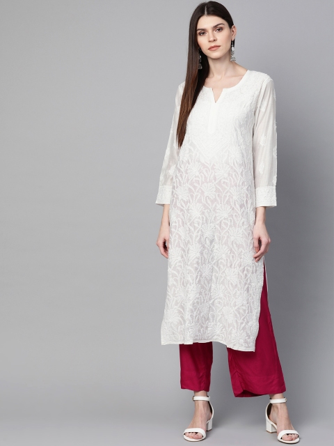 

ADA Women White Chikankari Hand Embroidered Sheer Straight Sustainable Kurta, Off white
