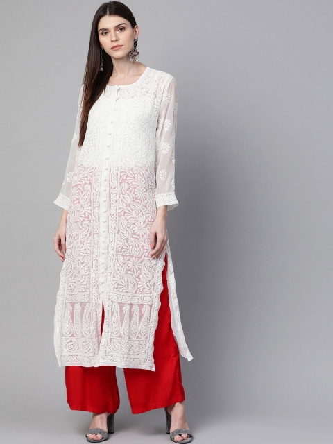 

ADA Women Off-White Chikankari Hand Embroidered Sheer Straight Kurta