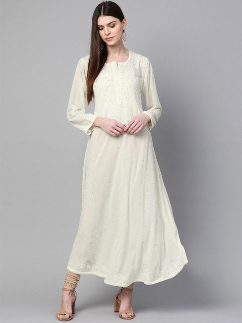 

ADA Women Off-White Chikankari Hand Embroidered Sheer A-Line Kurta