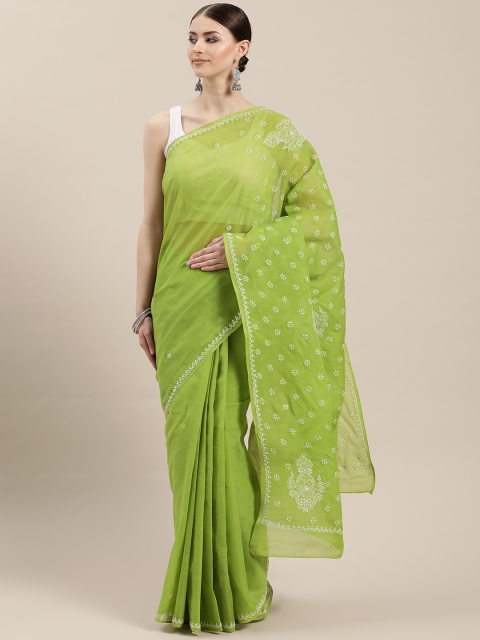 

ADA Green & White Pure Cotton Handloom Chikankari Hand Embroidered Sustainable Saree