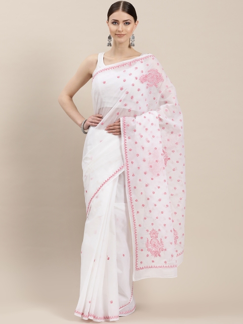 

ADA White & Pink Lucknow Chikankari Hand Embroidered Saree