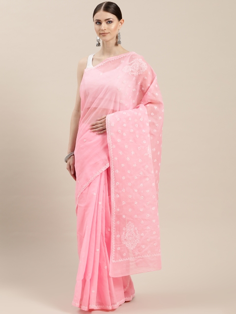 

ADA Pink & White Pure Cotton Handloom Chikankari Hand Embroidered Sustainable Saree