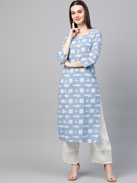 

AHIKA Women Blue & White Printed Straight Kurta