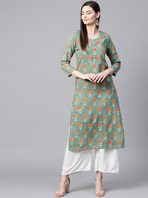 

AHIKA Women Green & Orange Printed Straight Kurta