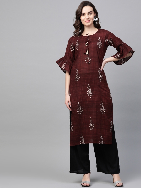 

AHIKA Women Burgundy & Off-White Printed Straight Kurta