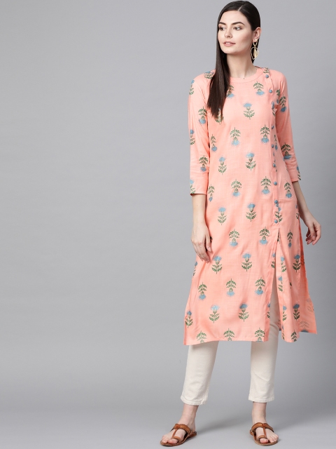 

AHIKA Women Peach-Coloured & Blue Printed Straight Kurta