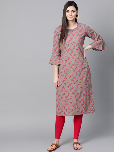 

AHIKA Women Grey & Pink Printed Straight Kurta
