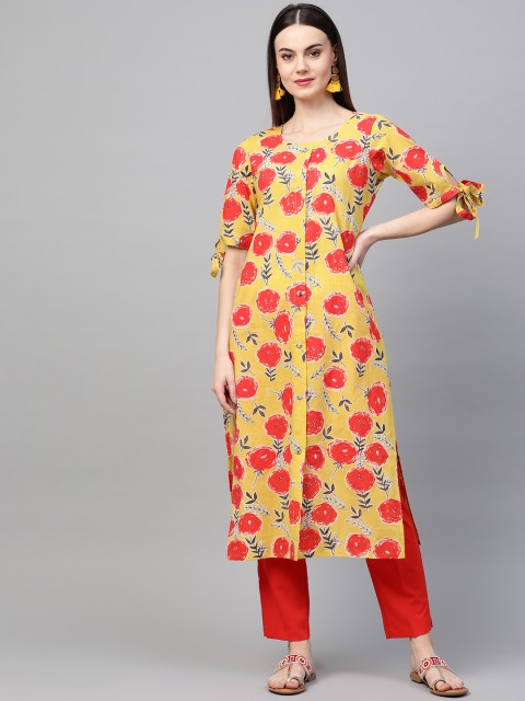 

AHIKA Women Mustard Yellow & Red Printed Straight Kurta