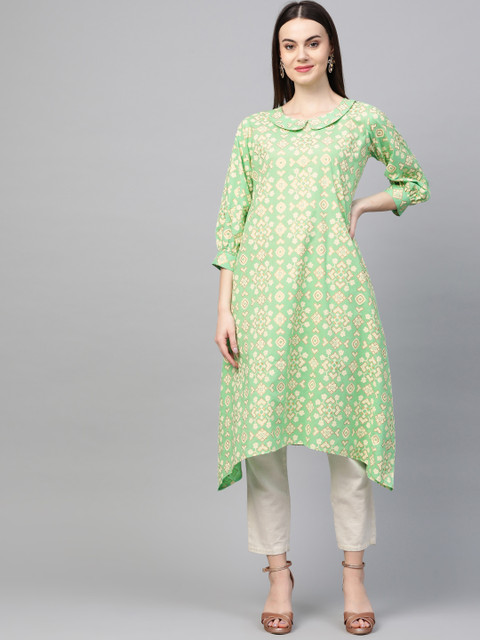 

AHIKA Women Green & Off-White Printed Asymmetric A-Line Kurta