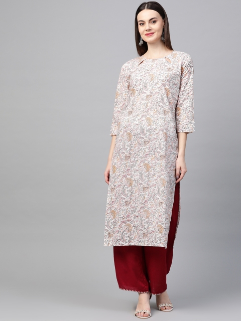 

AHIKA Women White & Brown Printed Straight Kurta
