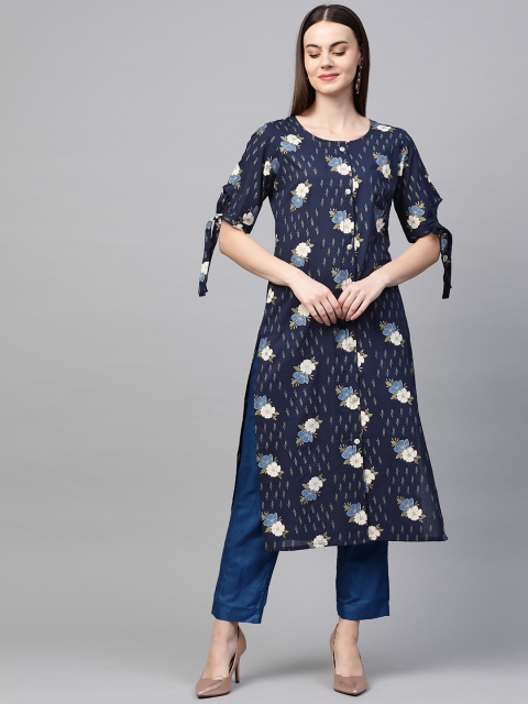 

AHIKA Women Navy Blue & Off-White Printed Straight Kurta