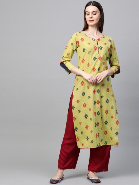 

AHIKA Women Green & Navy Blue Printed Straight Kurta