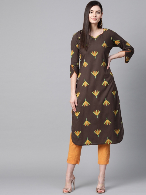 

AHIKA Women Coffee Brown & Mustard Yellow Printed Straight Kurta