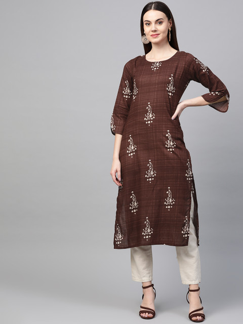 

AHIKA Women Coffee-Brown & Off-White Printed Straight Kurta