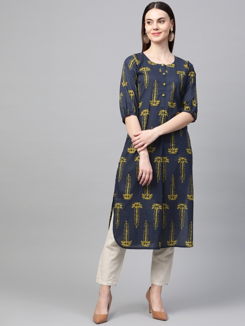 

AHIKA Women Navy Blue & Mustard Yellow Printed Straight Kurta