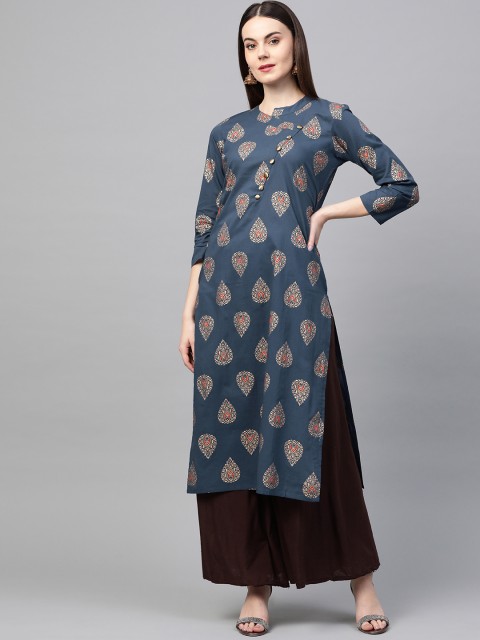 

AHIKA Women Navy Blue & Golden Printed Straight Kurta