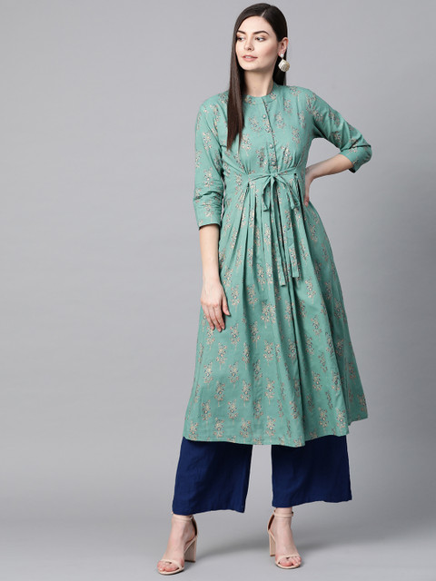 

AHIKA Women Green & Golden Printed A-Line Kurta