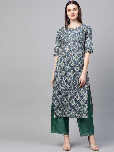 

AHIKA Women Teal Blue & Beige Printed Straight Kurta