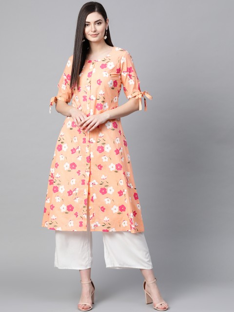 

AHIKA Women Peach-Coloured & Pink Floral Printed A-Line Kurta