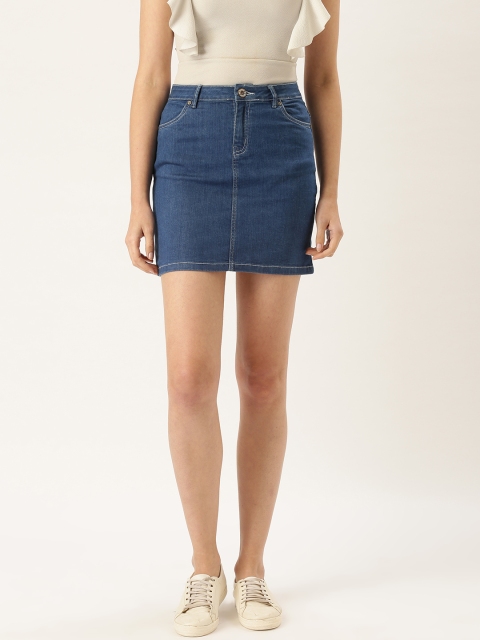 

urSense Women Blue Solid Denim Straight Skirt