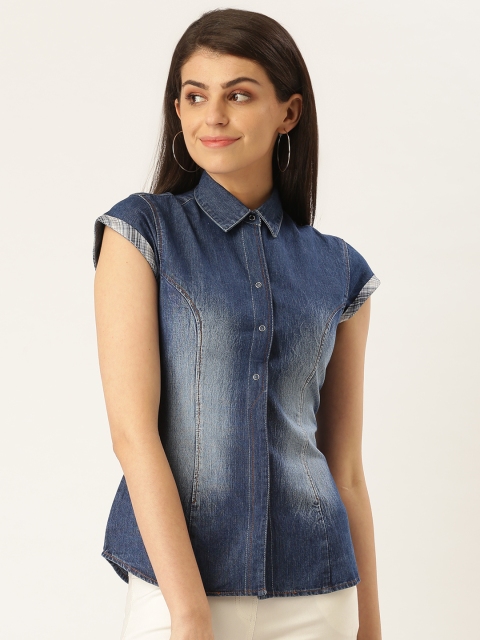 

urSense Women Blue Regular Fit Faded Casual Denim Shirt