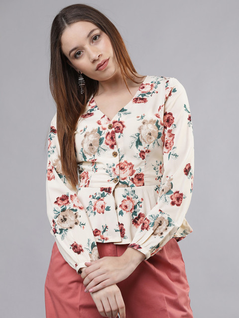 

Tokyo Talkies Women Cream-Coloured Printed Peplum Top