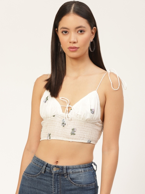 

FOREVER 21 Women Off-White & Green Embroidered Empire Crop Top