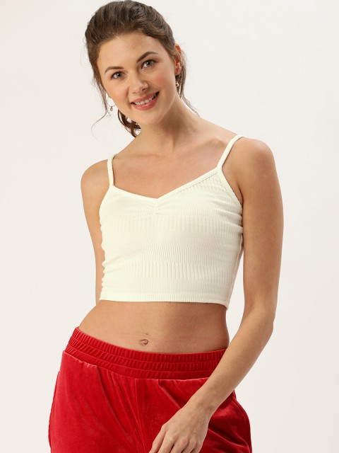 

FOREVER 21 Women Off-White Ribbed Cropped Fitted Top