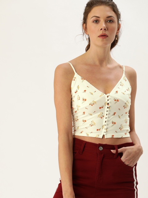 

FOREVER 21 Women Off-White & Red Printed Cropped Fitted Top