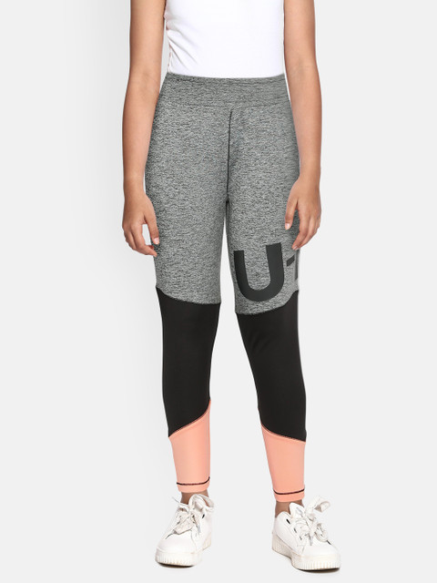 

HRX by Hrithik Roshan Girls Grey Colorblock Rapid-Dry, Antimicrobial Lycra Active Tights