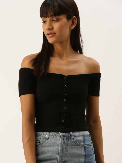 

FOREVER 21 Women Black Solid Knitted Off-shoulder Bardot Top