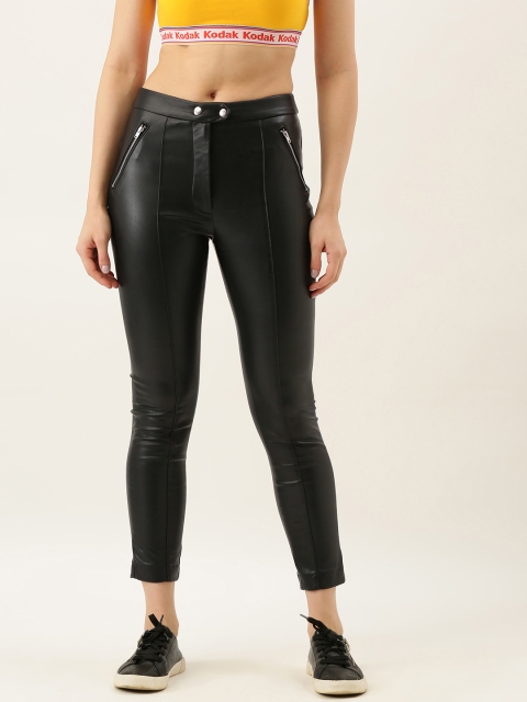 

FOREVER 21 Women Black Regular Fit Solid Regular Polyurethane Cropped Trousers
