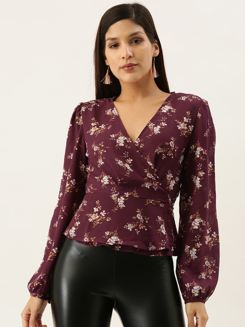 

FOREVER 21 Women Burgundy Printed Wrap Top