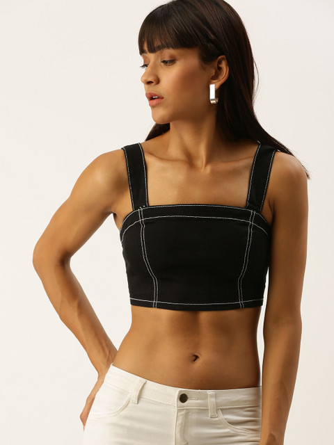 

FOREVER 21 Women Black Solid Denim Bralette Top