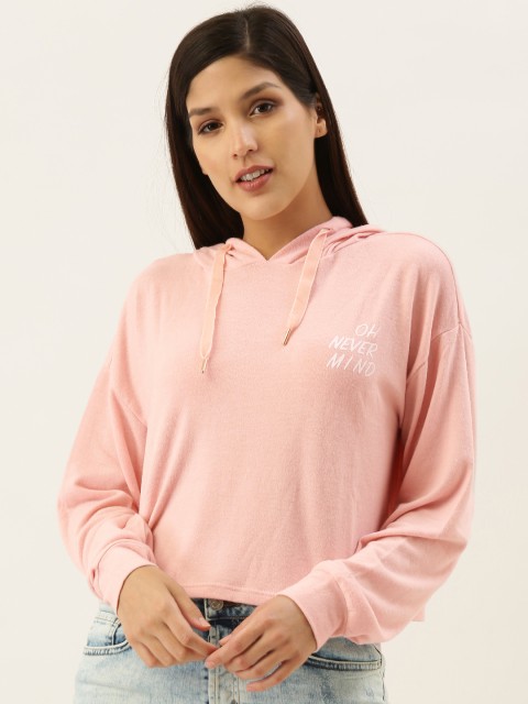 

FOREVER 21 Women Pink Solid Hooded Sweatshirt With Printed Detailing