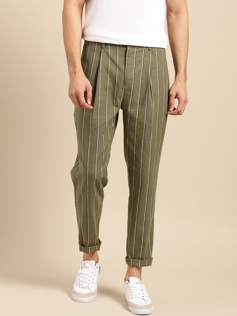 

Mr Bowerbird Men Olive Green & White Regular Fit Striped Regular Trousers