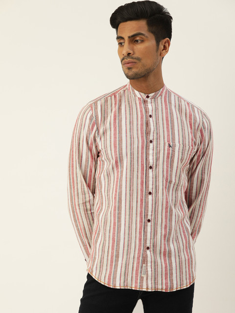 

Mr Bowerbird Men White & Pink Regular Fit Vintage Stripe Linen Shirt