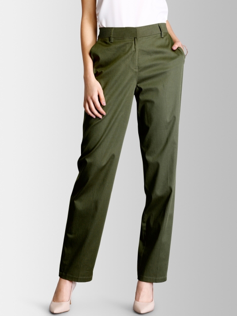 

FableStreet Women Olive Green Straight Fit Solid Cigarette Trousers