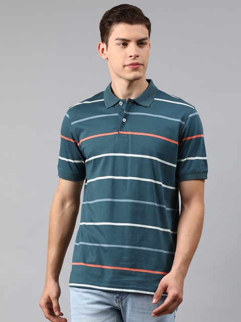 

Louis Philippe Men Teal Blue Striped Polo Collar T-shirt