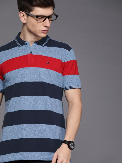 

Louis Philippe Sport Men Navy Blue Red Slim Fit Striped Polo Collar Pure Cotton T-shirt