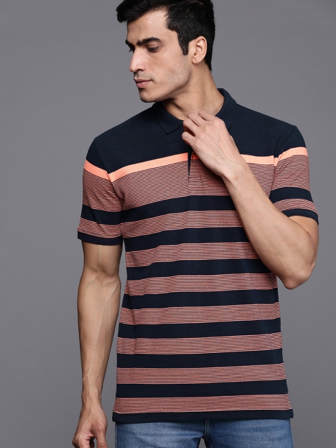 

Louis Philippe Sport Men Navy Blue & Peach-Coloured Striped Polo Collar T-shirt