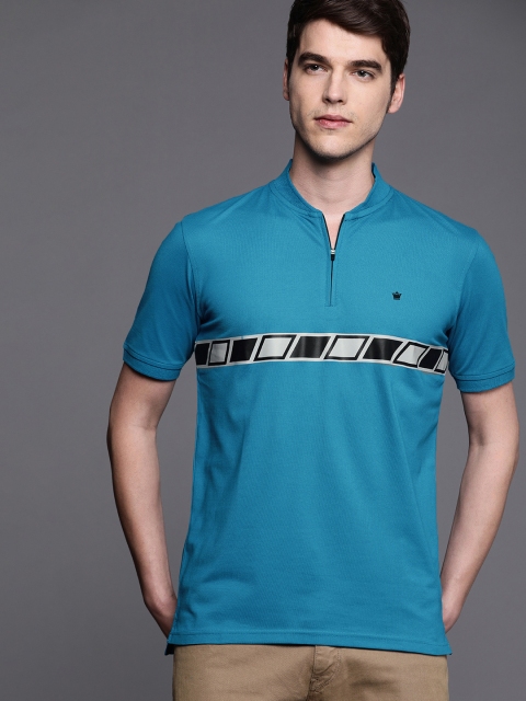 

Louis Philippe Men Teal Blue Solid Mandarin Collar T-shirt with Printed Detail