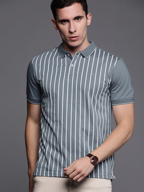

Louis Philippe Men Grey & White Striped Polo Collar T-shirt