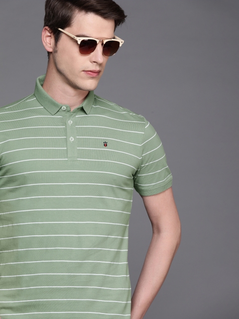

Louis Philippe Jeans Men Olive Green & White Striped Slim Fit Polo Collar T-shirt