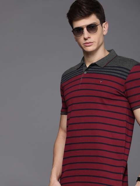 

Louis Philippe Sport Men Maroon & Navy Blue Slim Fit Striped Polo Collar T-shirt